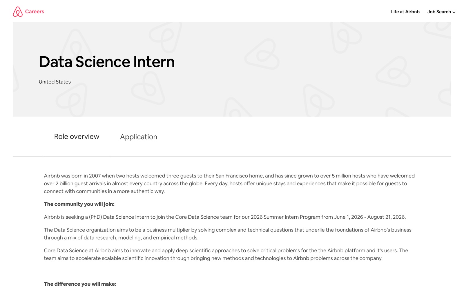 ภาพหน้าจอประกาศงาน Data Science Intern ของ Airbnb แสดงชื่อตำแหน่งและสถานที่ ตามด้วยย่อหน้าบรรยายบริษัทและส่วน 'The community you will join'