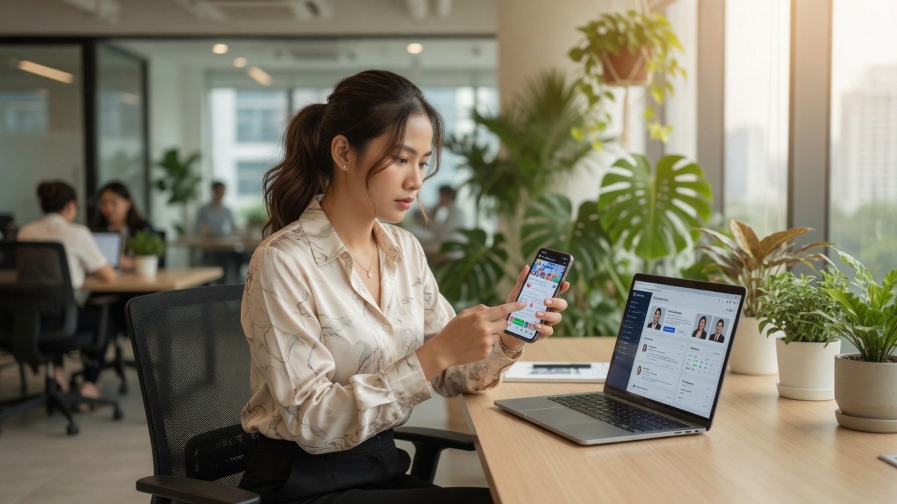 Hands scrolling a phone for community hiring leads