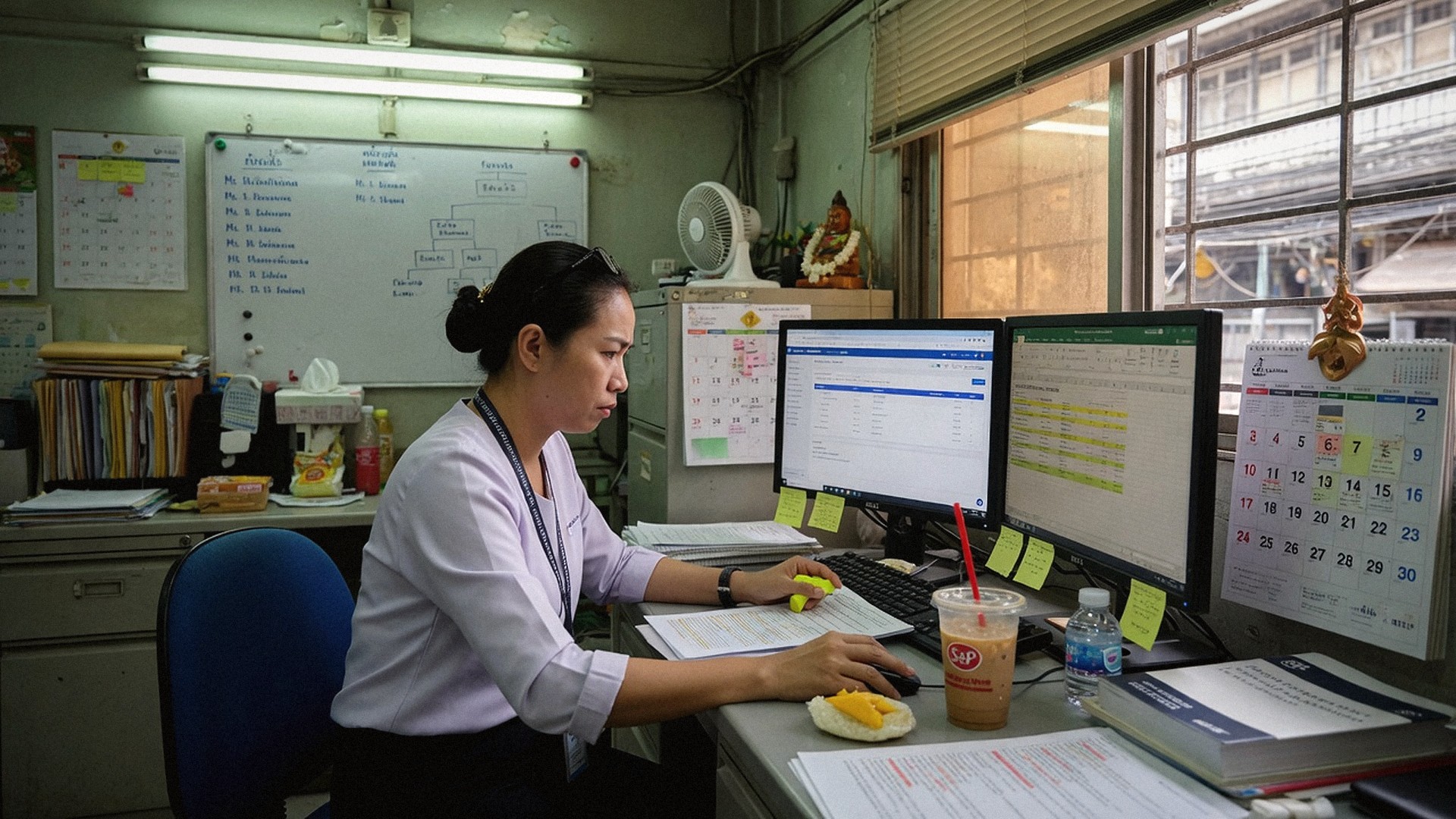เจ้าหน้าที่ HR ทำงานบนจอคู่ในออฟฟิศจริง