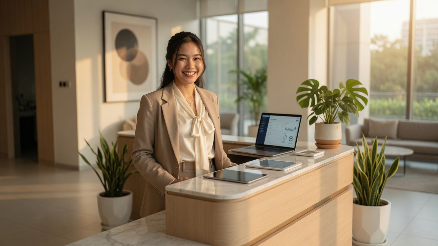 Page admin answering customer chats on laptop and phone at a home desk