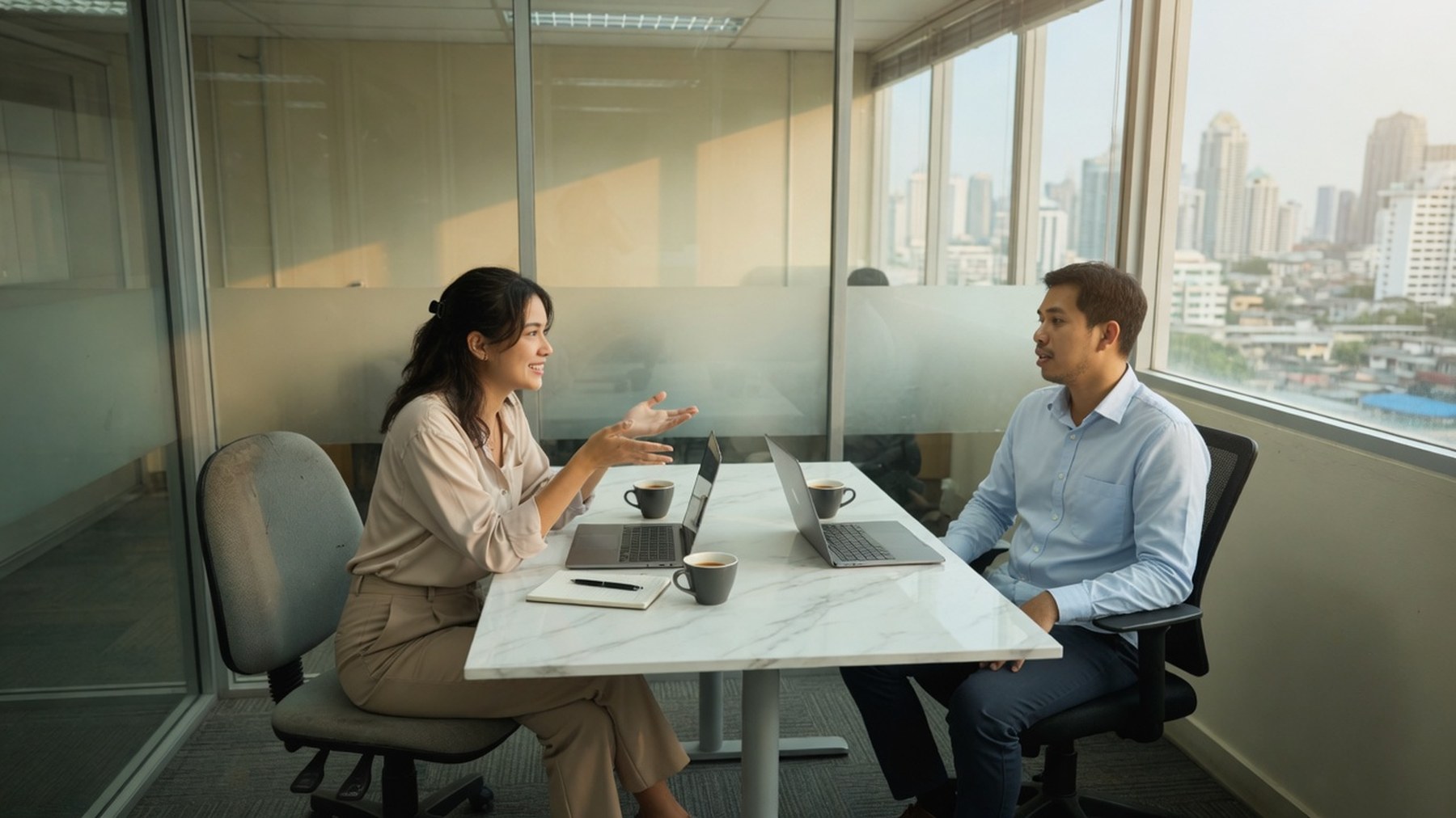 Structured job interview between hiring manager and candidate in a modern office