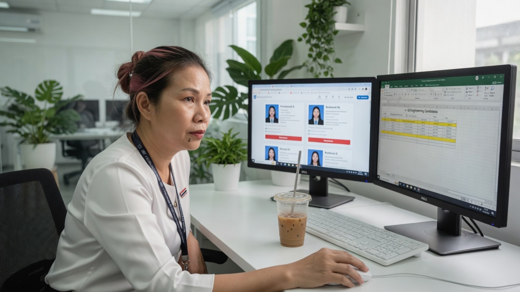 Recruiter reviewing candidate profiles on dual monitors