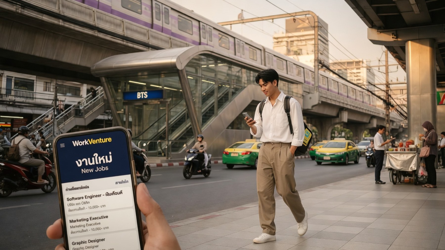 Young professional on a phone call outdoors in Bangkok