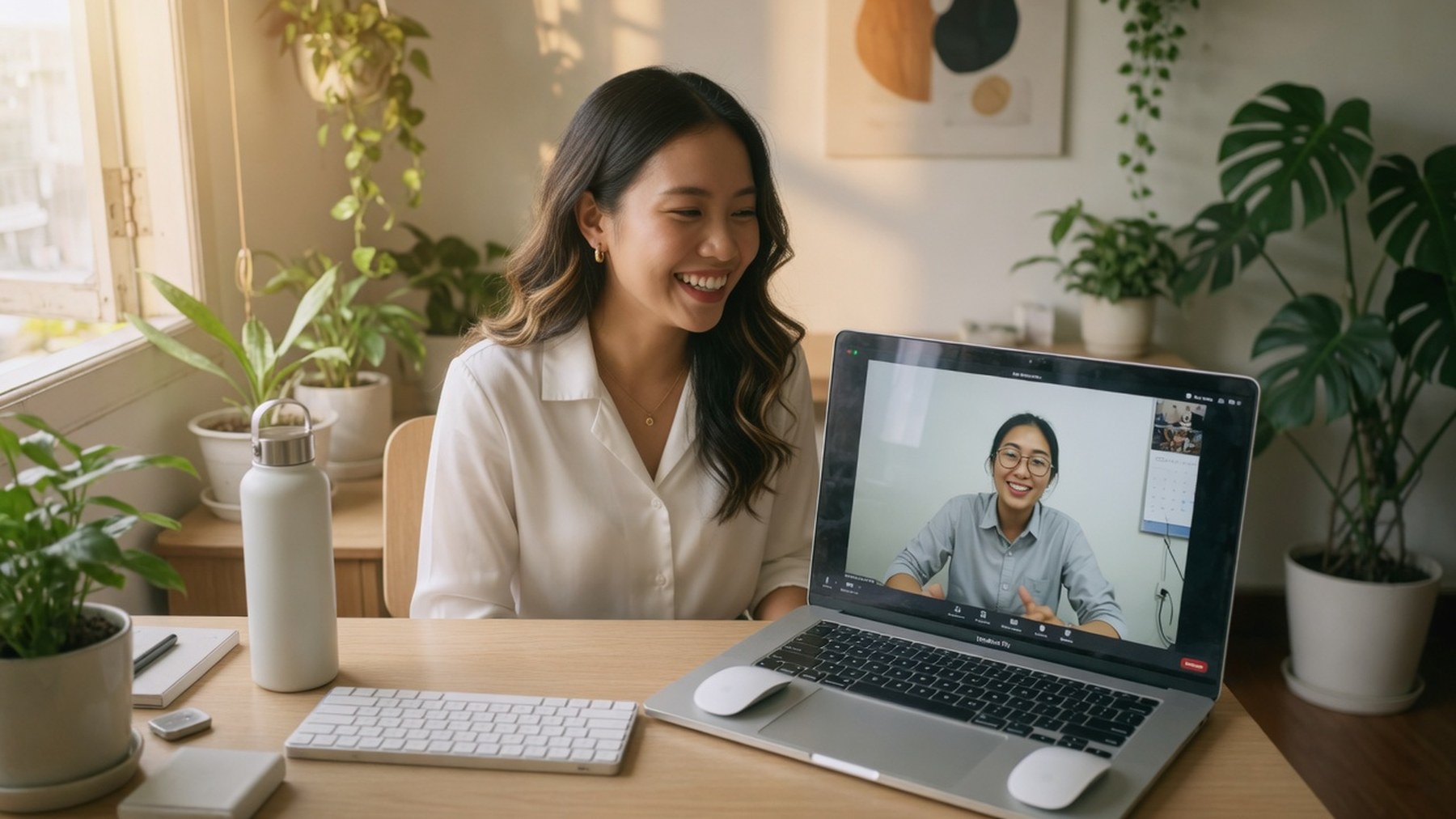 Young professionals on a video interview from a home workspace