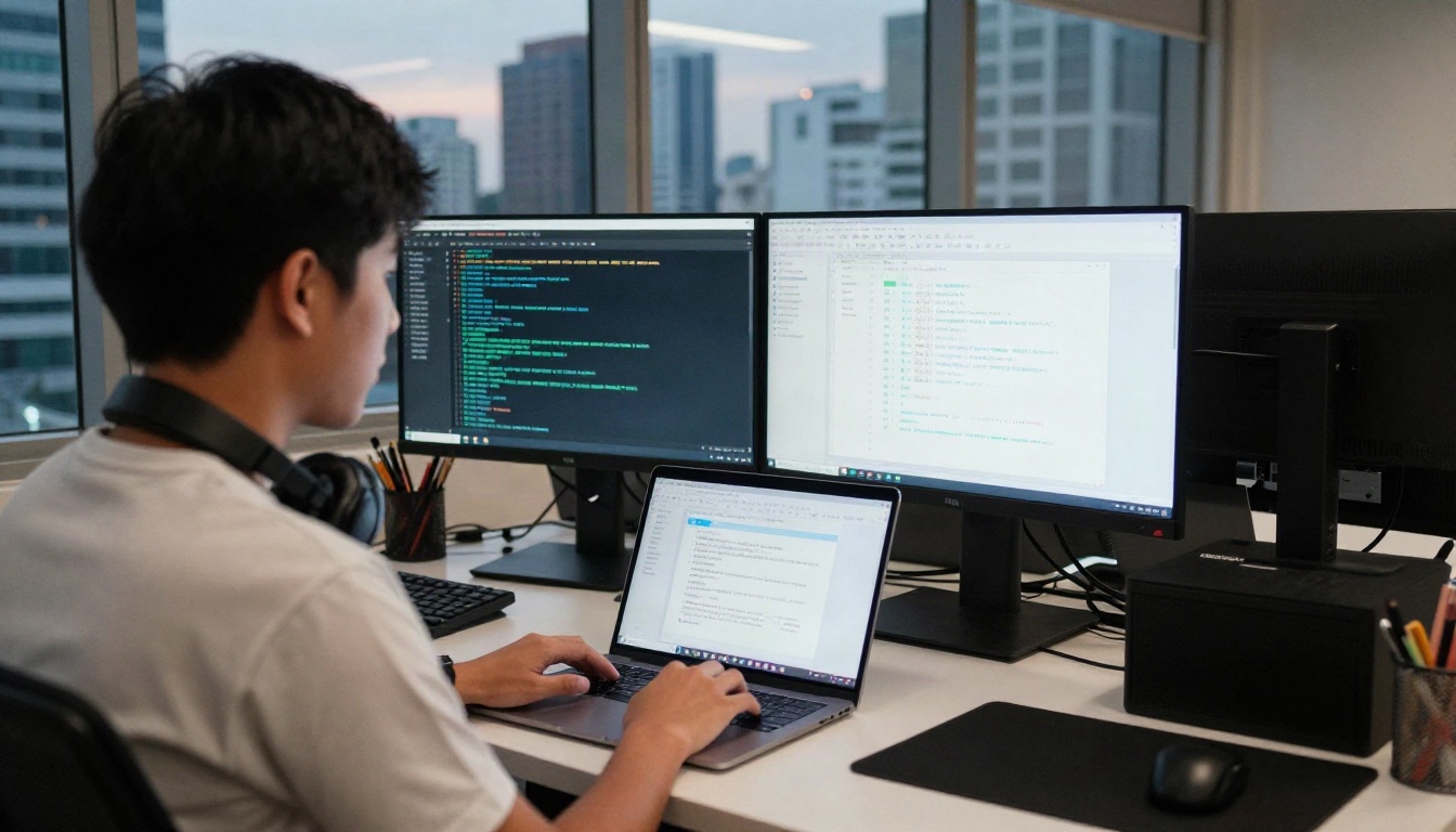 Backend Developer workplace scene in Thailand - cinematic documentary office photo