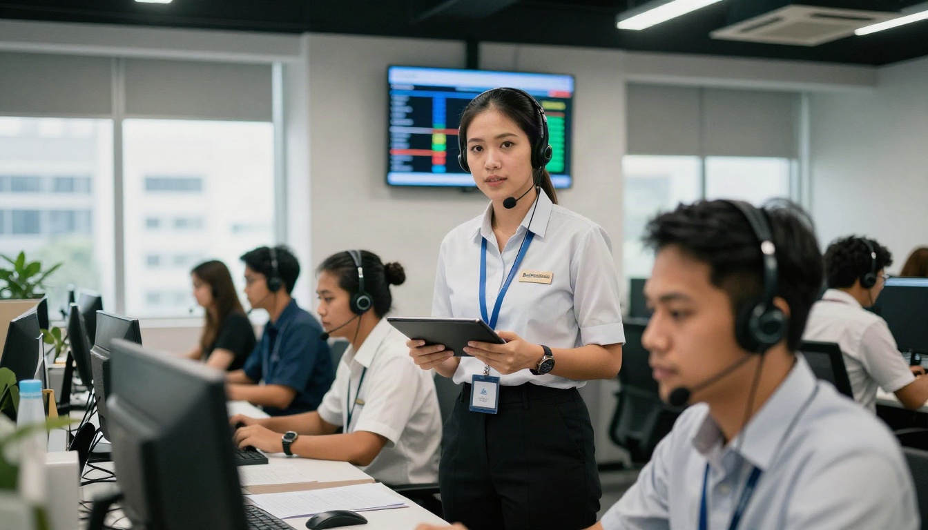 Call Center Supervisor workplace scene in Thailand - cinematic documentary office photo