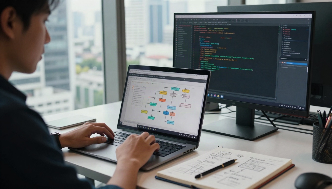 Data Engineer workplace scene in Thailand - cinematic documentary office photo