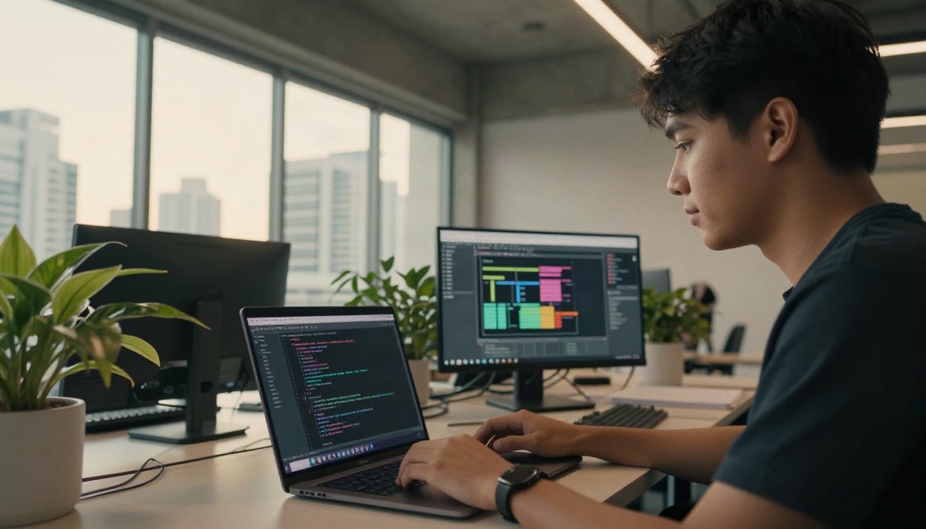 Frontend Developer workplace scene in Thailand - cinematic documentary office photo