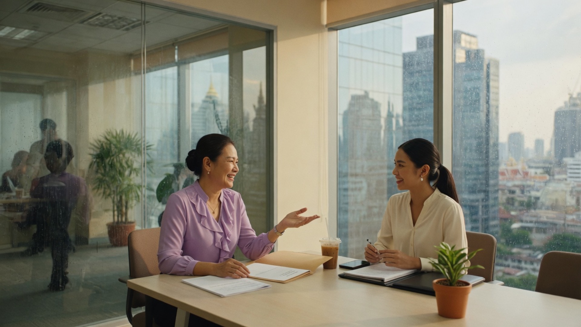 HR Officer workplace scene in Thailand - cinematic documentary office photo