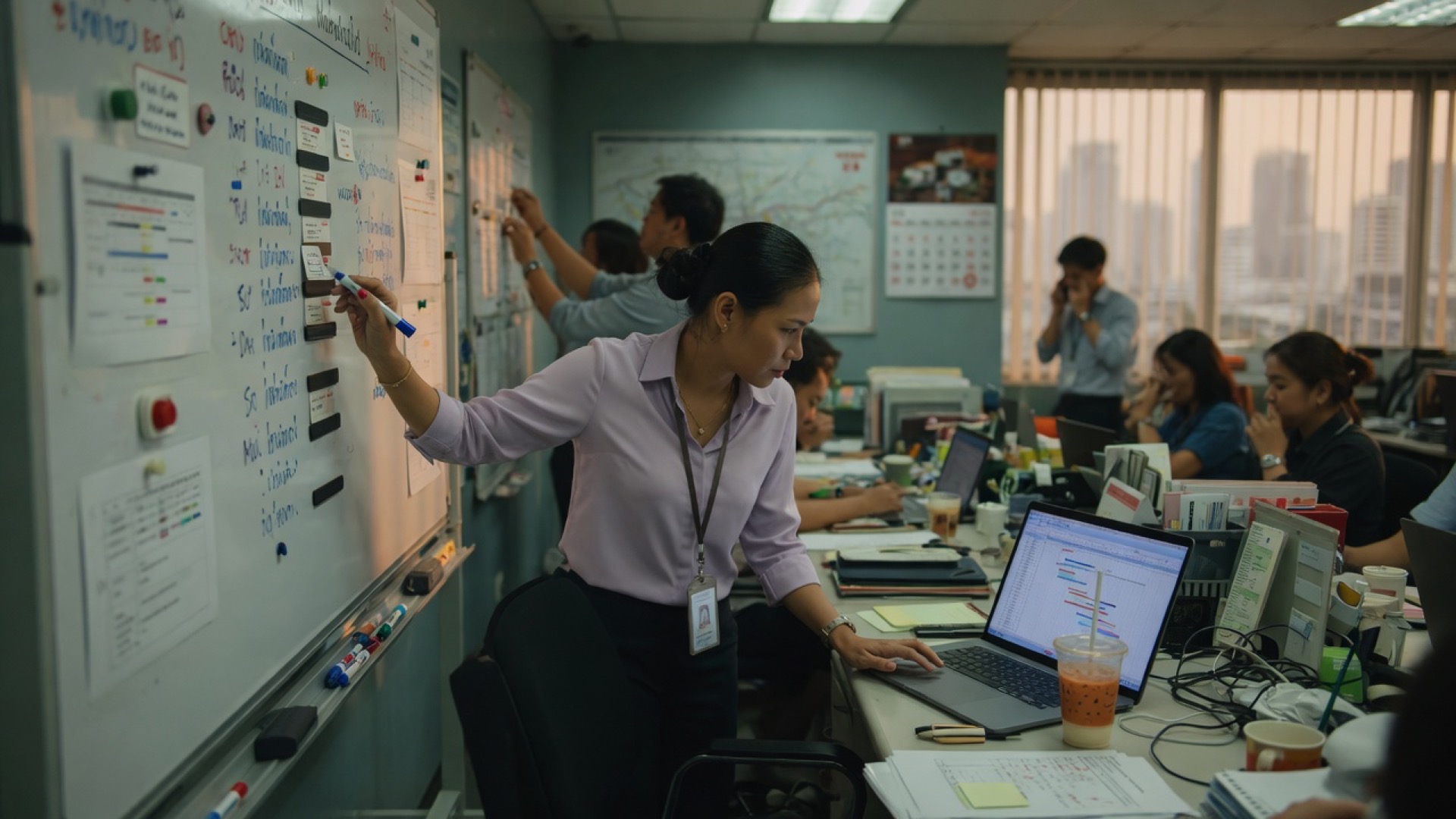 Project Coordinator workplace scene in Thailand - cinematic documentary office photo
