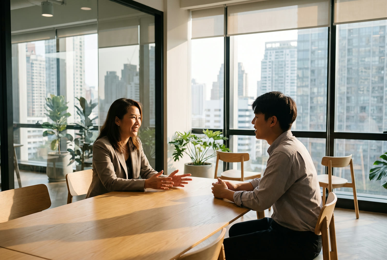 A hiring manager interviewing a candidate in a Bangkok office