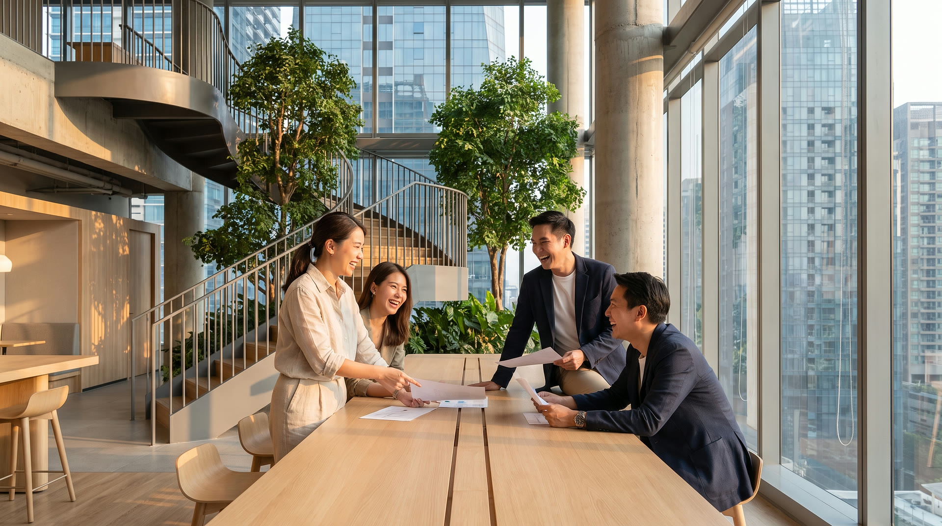A hiring team planning open roles together in a Bangkok office